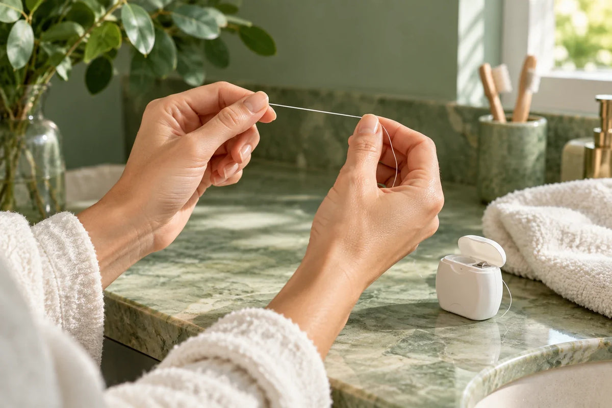 Hands holding dental floss beside a white floss dispenser