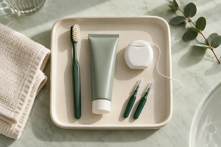 Toothbrush, toothpaste, floss and interdental brushes arranged on a ceramic tray