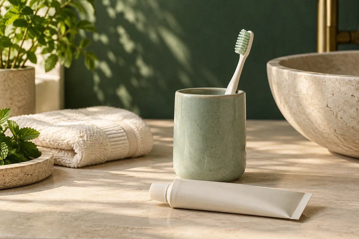Soft toothbrush and toothpaste in a calm sage-green bathroom